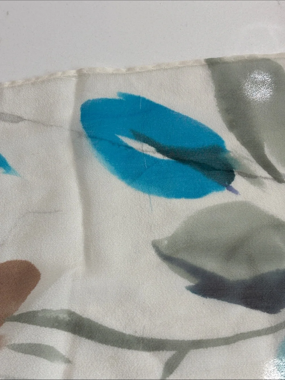 Artist Signed Watercolor Floral Sheer Chiffon Scarf Blue Gray White Oblong Wrap